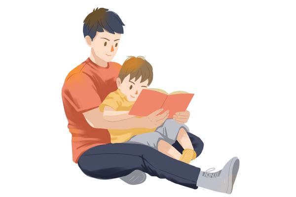 男孩起名字好寓意的名字寶爸抱著男寶寶看書(shū)